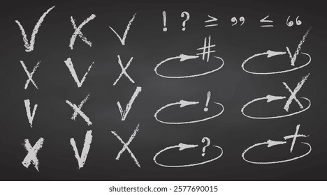 Charcoal pencil hand drawing check box with marks v x plus shape. White elements on chalkboard Grunge chalk crayon scribbles doodles textures loading rectangle Rough crayon strokes Vector illustration