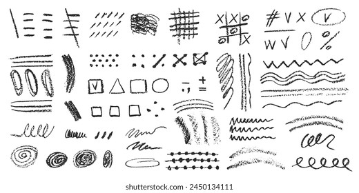 Charcoal pencil hand drawing curly lines, splash, squiggles and shapes. Black elements on white background. Grunge chalk crayon scribbles doodles textures. Rough crayon strokes. Vector illustration.