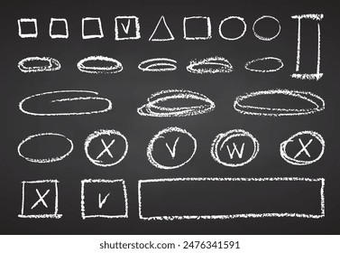 Charcoal pencil hand drawing curly lines, splash, squiggles and shapes. White chalk elements Black chalkboard Grunge chalk crayon scribbles doodles textures Rough crayon strokes Vector illustration.