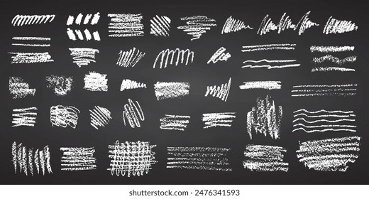 Charcoal pencil hand drawing curly lines, splash, squiggles and shapes. White chalk elements Black chalkboard Grunge chalk crayon scribbles doodles textures. Rough crayon strokes. Vector illustration.