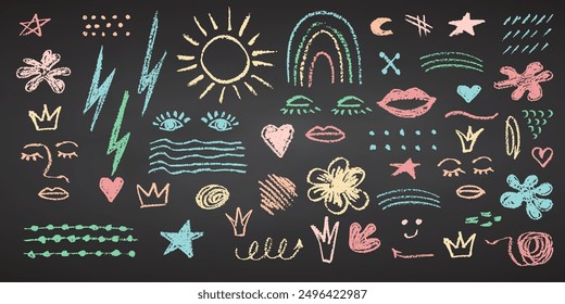 Charcoal pencil hand drawing curly groovy shapes, splash and squiggles. Color chalk elements on black chalkboard Grunge chalk crayon scribbles doodles texture Rough crayon stroke Vector illustration.