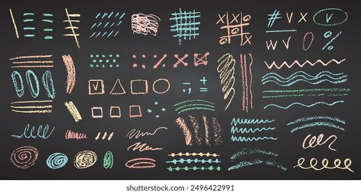 Charcoal pencil hand drawing curly lines, splash, squiggles and shapes Color chalk elements on Black chalkboard Grunge chalk crayon scribbles doodles textures Rough crayon strokes Vector illustration