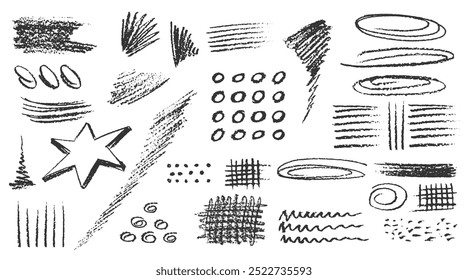 Charcoal pencil hand drawing curly lines, splash, squiggles and shapes. Black elements on white background. Grunge chalk crayon scribbles doodles textures. Rough crayon strokes. Vector illustration.