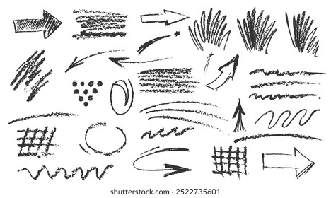 Charcoal pencil hand drawing curly lines, splash, squiggles and shapes. Black elements on white background. Grunge chalk crayon scribbles doodles textures. Rough crayon strokes. Vector illustration.