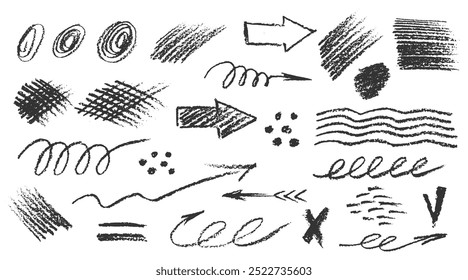 Charcoal pencil hand drawing curly lines, splash, squiggles and shapes. Black elements on white background. Grunge chalk crayon scribbles doodles textures. Rough crayon strokes. Vector illustration.