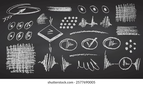 Charcoal pencil hand drawing curly lines, splash, squiggles and shapes. White elements on chalkboard. Grunge chalk crayon scribbles doodles textures. Rough crayon strokes. Vector illustration.