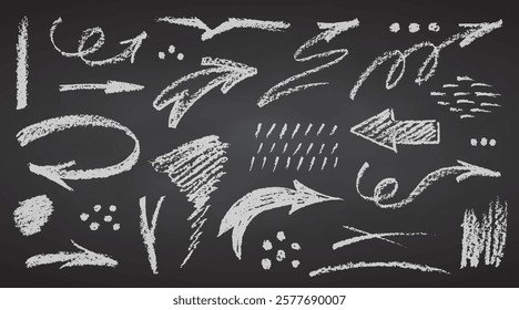 Charcoal pencil hand drawing curly arrows White elements on chalkboard Grunge chalk crayon doodles textures Swishes swashes swoops swooshes, scribbles and squiggles Crayon strokes Vector illustration