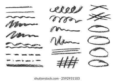 Charcoal pencil hand drawing curly lines, splash, squiggles and shapes. Black elements on white background. Grunge chalk crayon scribbles doodles textures. Rough crayon strokes. Vector illustration