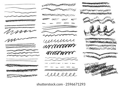 Charcoal pencil hand drawing curly lines, splash, squiggles and shapes. Black elements on white background. Grunge chalk crayon scribbles doodles textures. Rough crayon strokes. Vector illustration