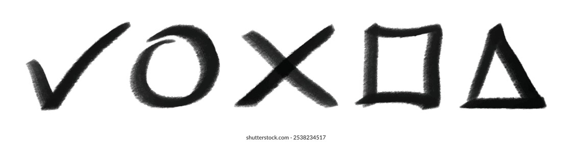 Charcoal pencil scratch scribbles brush hand drawn circle, square, triangle, check mark cross icon vector isolated set