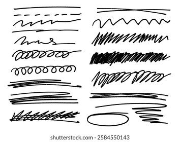 Charcoal Pencil Scribble Elements and Hand drawn Textured. Bold Charcoal Freehand Doodle Scratches, Hatches, Scribbles and Marker Sketch Style Vector Illustration.