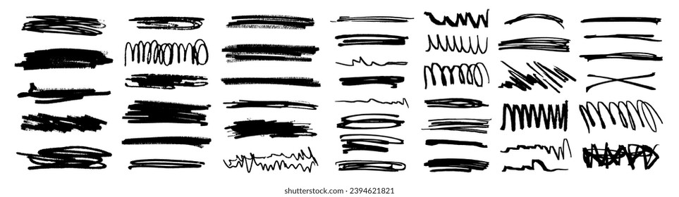 Charcoal pencil scribble stripes and bold paint shapes. Childrens crayon or marker doodle rouge handdrawn scratches. Vector illustration of squiggles in marker sketch style