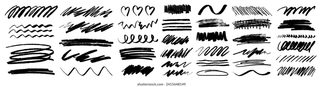 Charcoal pencil scribble stripes and bold paint shapes. Childrens crayon or marker doodle rouge handdrawn scratches. Vector illustration of squiggles in marker sketch style