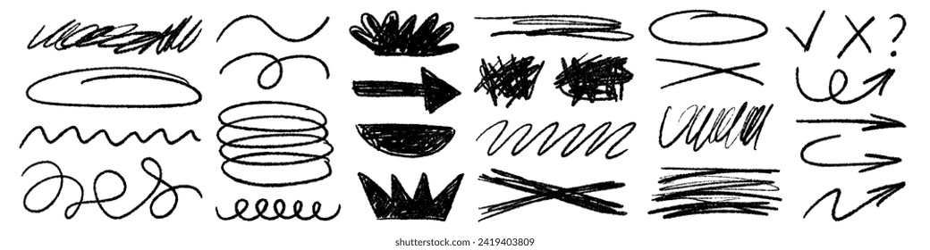 Charcoal pencil scribble stripes and bold paint shapes. Childrens crayon or marker doodle rouge handdrawn scratches. Vector illustration of squiggles in marker sketch style