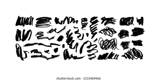 Charcoal pencil scribble vector set. Childish drawing. Hand drawn calligraphy swirls, squiggles. Vector charcoal smears. Curly brush strokes, marker scribbles. Doodle style sketches