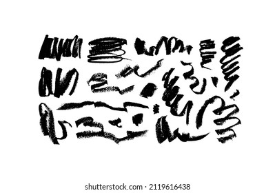 Charcoal pencil scribble vector set. Childish drawing. Hand drawn calligraphy swirls, squiggles. Vector charcoal smears. Curly brush strokes, marker scribbles. Doodle style sketches