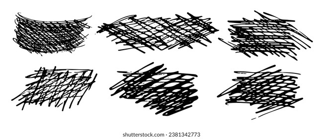 Juego de vectores de garabatos de carbón vegetal. Dibujo infantil. Remolques de caligrafía dibujados a mano, calamares. Frenas de carbón vegetal vectorial. Acariciaciones de pincel rizado, garabatos de marcador. Dibujos de estilo Doodle