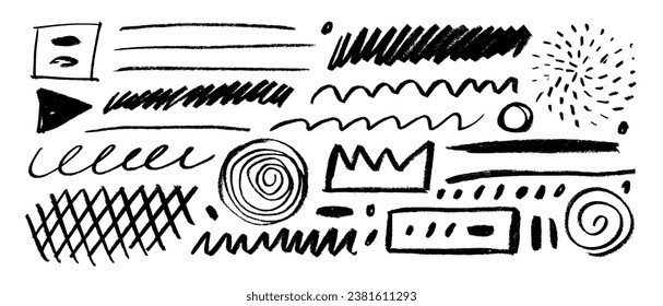 Charcoal pencil scribble vector set. Crayon outline drawings, doodle shapes, curved texture lines and stripes, pencil strokes. Squiggles and daubs, crosshatch. Hand drawn vector squiggles.