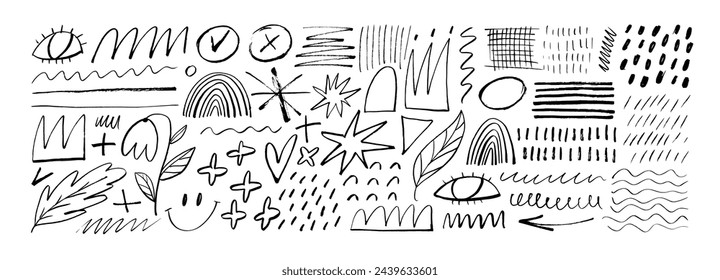 Charcoal pencil scribble vector set, crayon doodles. Childish drawing, scribble and freehand shapes. Doodle style sketchy lines, forms and icons. Childish and girly style ink illustration.