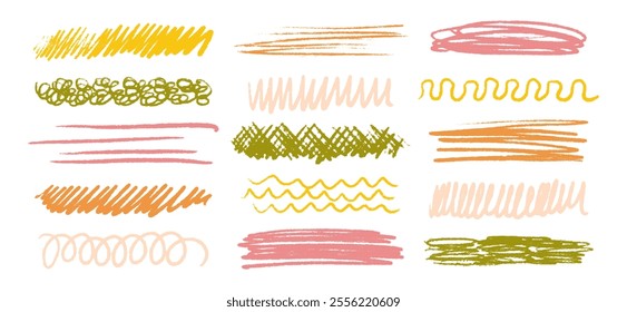 Charcoal pencil scribble vector set, crayon brush color underline, colorful pencil sketchy lines, line chalk highlight stroke. Childish hand drawn vector illustration