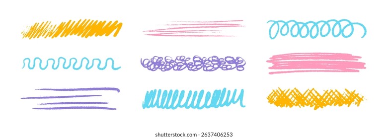 Charcoal pencil scribble vector set, crayon brush color underline, colorful pencil sketchy lines, line chalk highlight stroke. Childish hand drawn vector illustration