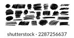 Charcoal pencil scribbles and bold strokes collection. Hand drawn vector lines, circles and thick shapes. Scribble black strokes vector set. Marker, crayon and chalk drawing. Sketch texture.