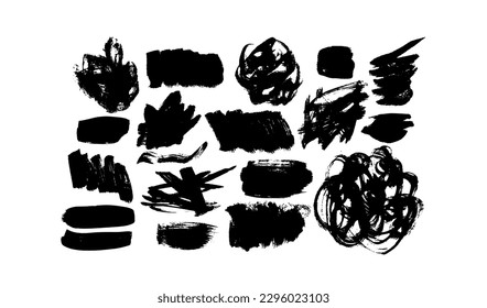 Charcoal pencil scribbles and bold strokes collection. Hand drawn vector lines, circles and thick shapes. Scribble black strokes vector set. Marker, crayon and chalk drawing. Sketch texture.