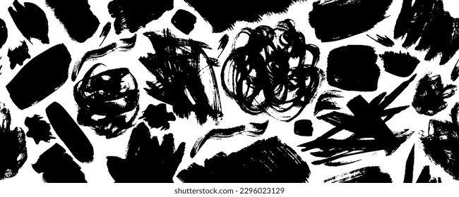Garabatos de lápiz de carbón vegetal y trazos de negrita sin fisuras. Líneas vectoriales dibujadas a mano, círculos y formas gruesas. Conjunto vectorial de trazos negros de esgrima. Dibujo de marcadores, crayones y tiza. Esbozar textura.