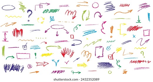 Charcoal pencil scribbles collection. Hand drawn Vector lines, arrows, frames, underlines and doodles. Bright color drawing