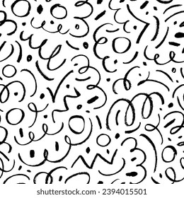 Lápiz de carbón vegetal y calamares sin fisuras. Líneas curvas de doodle dibujadas a mano y puntos como confetti. Ataques fuertes de crayón. Dibujos caóticos de garabatos vectoriales sin fisuras.