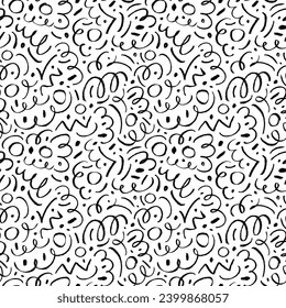 Charcoal pencil scribbles and squiggles seamless pattern. Hand drawn doodle curved lines and dots like confetti. Rough crayon strokes. Chaotic pencil scribbles vector seamless pattern.