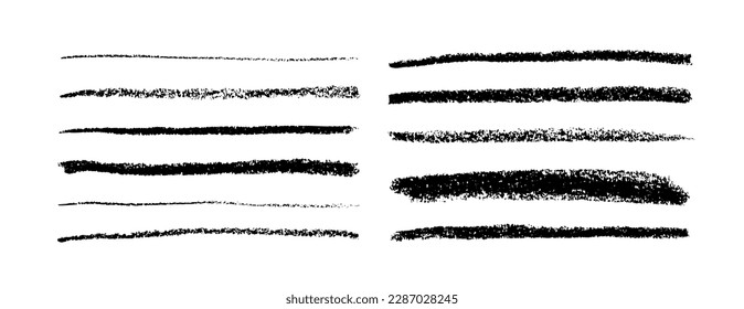 Charcoal pencil straight horizontal lines. Scribble black strokes vector set. Charcoal texture lines isolated on white background. Grunge smears, thin and thick chalk strokes, pencil dividers.