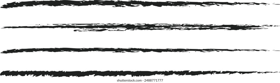 Kohlestift gerade Horizontale Linien. Scribble Black Strokes Vektorgrafik Set. Texturlinien aus Holzkohle auf weißem Hintergrund isoliert. Grunge-Schmierereien, dünne und dicke Kreidestriche, Bleistiftteiler.