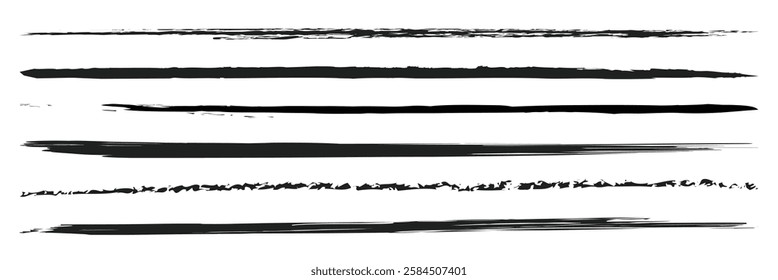 Charcoal pencil straight horizontal lines. Scribble black strokes vector set. Charcoal texture lines isolated on white background. Grunge smears, thin and thick chalk strokes, pencil dividers.