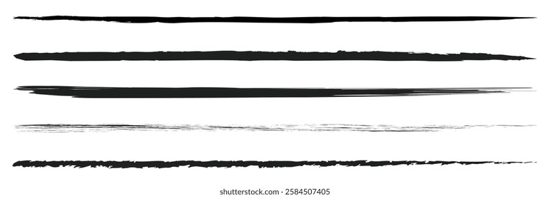 Charcoal pencil straight horizontal lines. Scribble black strokes vector set. Charcoal texture lines isolated on white background. Grunge smears, thin and thick chalk strokes, pencil dividers.