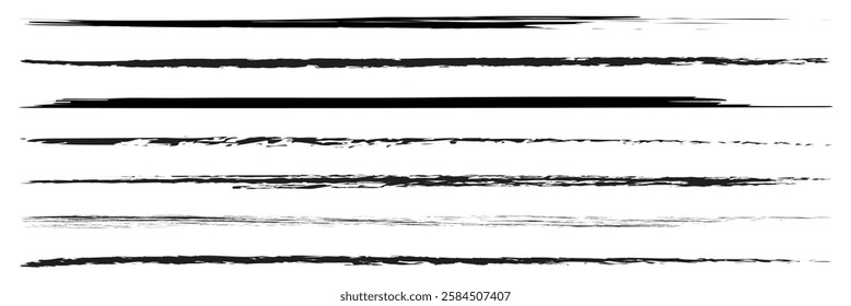 Charcoal pencil straight horizontal lines. Scribble black strokes vector set. Charcoal texture lines isolated on white background. Grunge smears, thin and thick chalk strokes, pencil dividers.