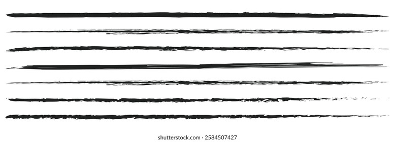 Charcoal pencil straight horizontal lines. Scribble black strokes vector set. Charcoal texture lines isolated on white background. Grunge smears, thin and thick chalk strokes, pencil dividers.
