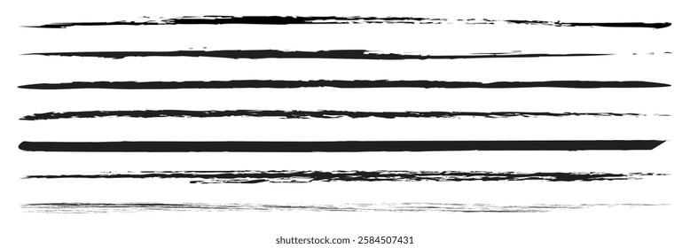 Charcoal pencil straight horizontal lines. Scribble black strokes vector set. Charcoal texture lines isolated on white background. Grunge smears, thin and thick chalk strokes, pencil dividers.