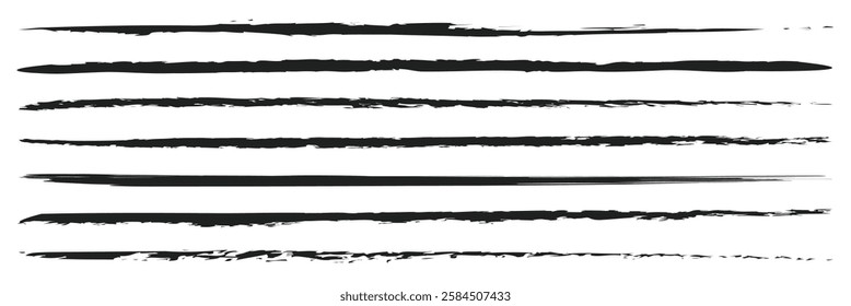 Charcoal pencil straight horizontal lines. Scribble black strokes vector set. Charcoal texture lines isolated on white background. Grunge smears, thin and thick chalk strokes, pencil dividers.