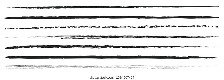 Charcoal pencil straight horizontal lines. Scribble black strokes vector set. Charcoal texture lines isolated on white background. Grunge smears, thin and thick chalk strokes, pencil dividers.