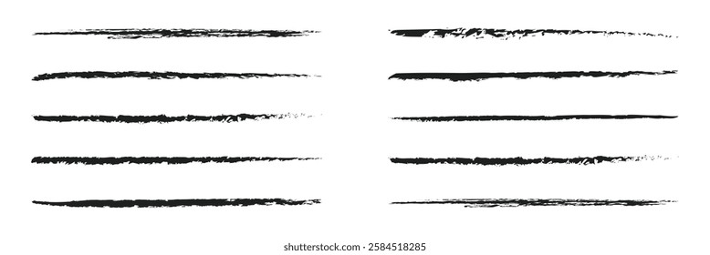 Charcoal pencil straight horizontal lines. Scribble black strokes vector set. Charcoal texture lines isolated on white background. Grunge smears, thin and thick chalk strokes, pencil dividers.