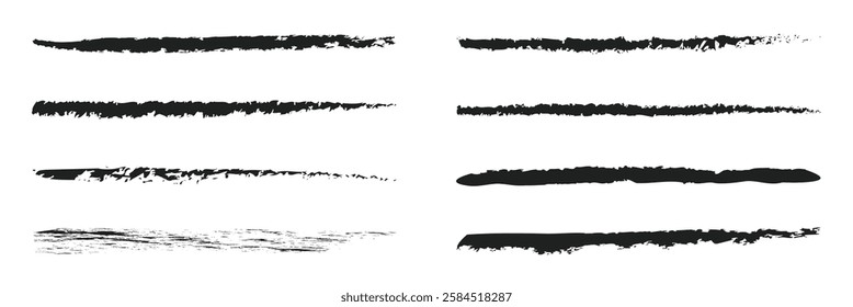 Charcoal pencil straight horizontal lines. Scribble black strokes vector set. Charcoal texture lines isolated on white background. Grunge smears, thin and thick chalk strokes, pencil dividers.