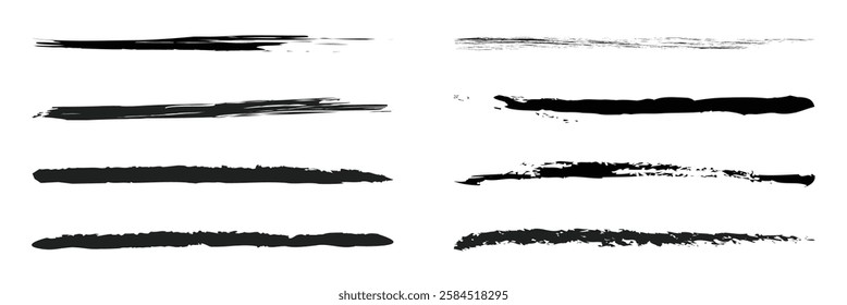Charcoal pencil straight horizontal lines. Scribble black strokes vector set. Charcoal texture lines isolated on white background. Grunge smears, thin and thick chalk strokes, pencil dividers.