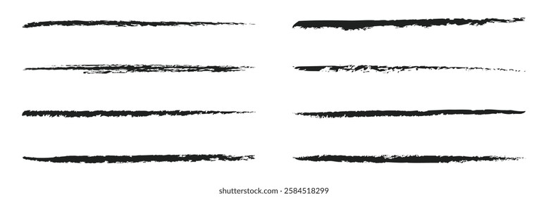 Charcoal pencil straight horizontal lines. Scribble black strokes vector set. Charcoal texture lines isolated on white background. Grunge smears, thin and thick chalk strokes, pencil dividers.