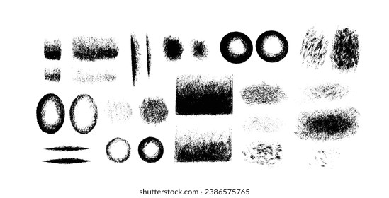 Charcoal pencil textures vector background set. Abstract simple wide brush stroke shapes. Gradient scribble sketch banners. Chalk rough sketch with noise grain texture.