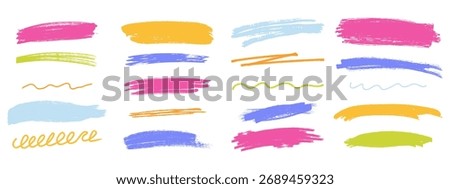 Charcoal pencil underline and scrawl lines. Rough grunge strokes, wavy and straight elements. Color kid chalk vector illustration.