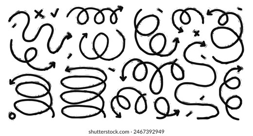Charcoal playful arrows vector set. Hand drawn freehand different curved lines, swirls arrows. Doodle marker drawing, black chalk smears. Textured direction pointers. Scribbles and scrawls.