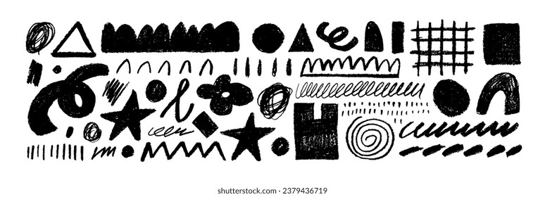 Charcoal quirky bold lines and doodle shapes. Various pencil line thickness, crayon curly lines and squiggles, wide strokes. Hand drawn collection of different scribbles and brush strokes.