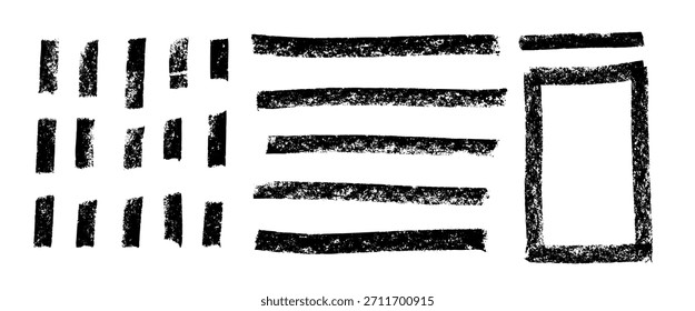 Retângulo com carvão, elementos de traçado do pincel de linha. Formas de giz grunge. Listras tracejadas, quadro quadrado, formas de ênfase sublinhadas. Gizes de rabiscos isolados de vetor artesanal ou listras de lápis.