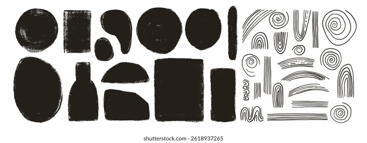 Charcoal rough figures silhouette set. Circle, ellipse chalk and boho arch. Abstract japandi decor. Vector geometry shapes zen aesthetic. Hand drawn collection illustration on white background.